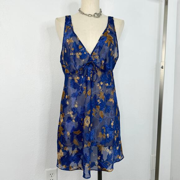 Vintage Sheer Night Grown Slip Dress Blue Floral V-Neck Size Medium - Picture 1 of 7